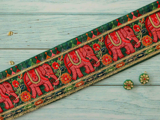 Green Pink Elephant Embroidered Trim,Green Elephant Border,Royal Indian Designer Lace,Elephant Saree Border,Price/mtr