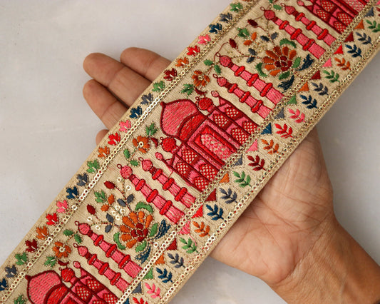 White Red Palace Embroidered Trim,Taj Mahal Indian Palace Border,Oriental Floral Lace,Boho Royal Palace Indian Designer Trim,Price/mtr