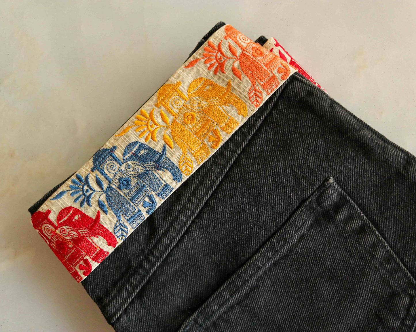 Off-White Multicolour Royal Elephant Trim, Embroidered Animal Border, Orange White Elephant Lace, Boho Royal Indian Designer Trim, Price/mtr