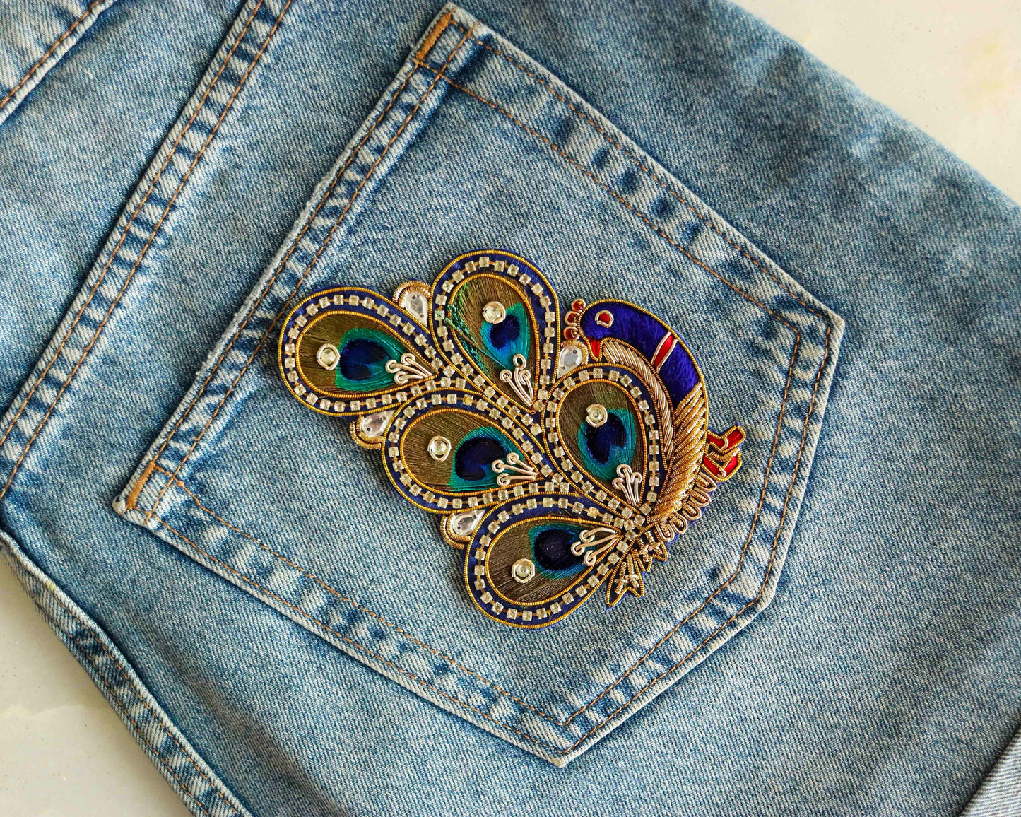 Boho peacock embroidered patch,Handmade peacock design applique, Indian bird patch,Sew on Applique, DIY Patch