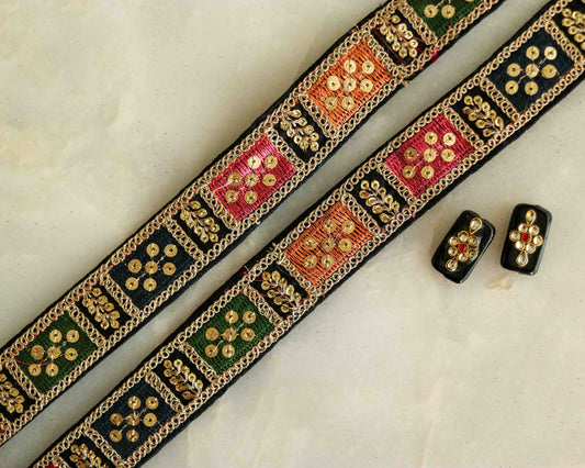 Black Multicolour Patchwork Embroidered Trim,Boho Colourful Gold Zari Sequin Border,Square Patchwork Lace,Indian Saree Border,Price/mtr