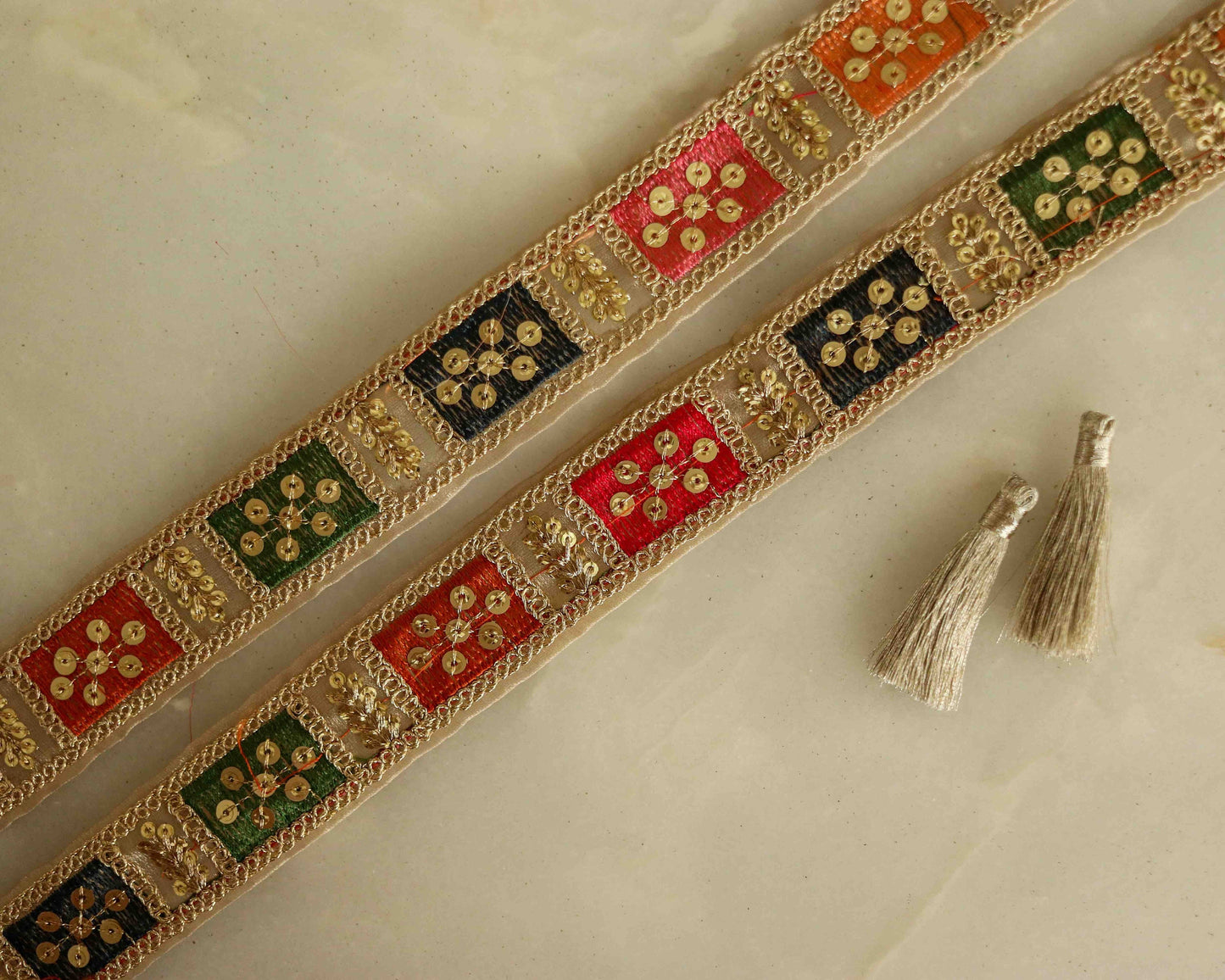 Boho Pastel Patchwork Embroidered Trim,Colourful Gold Zari Sequin Tissue Border,Square Patchwork Lace,Indian Saree Border,Price/mtr