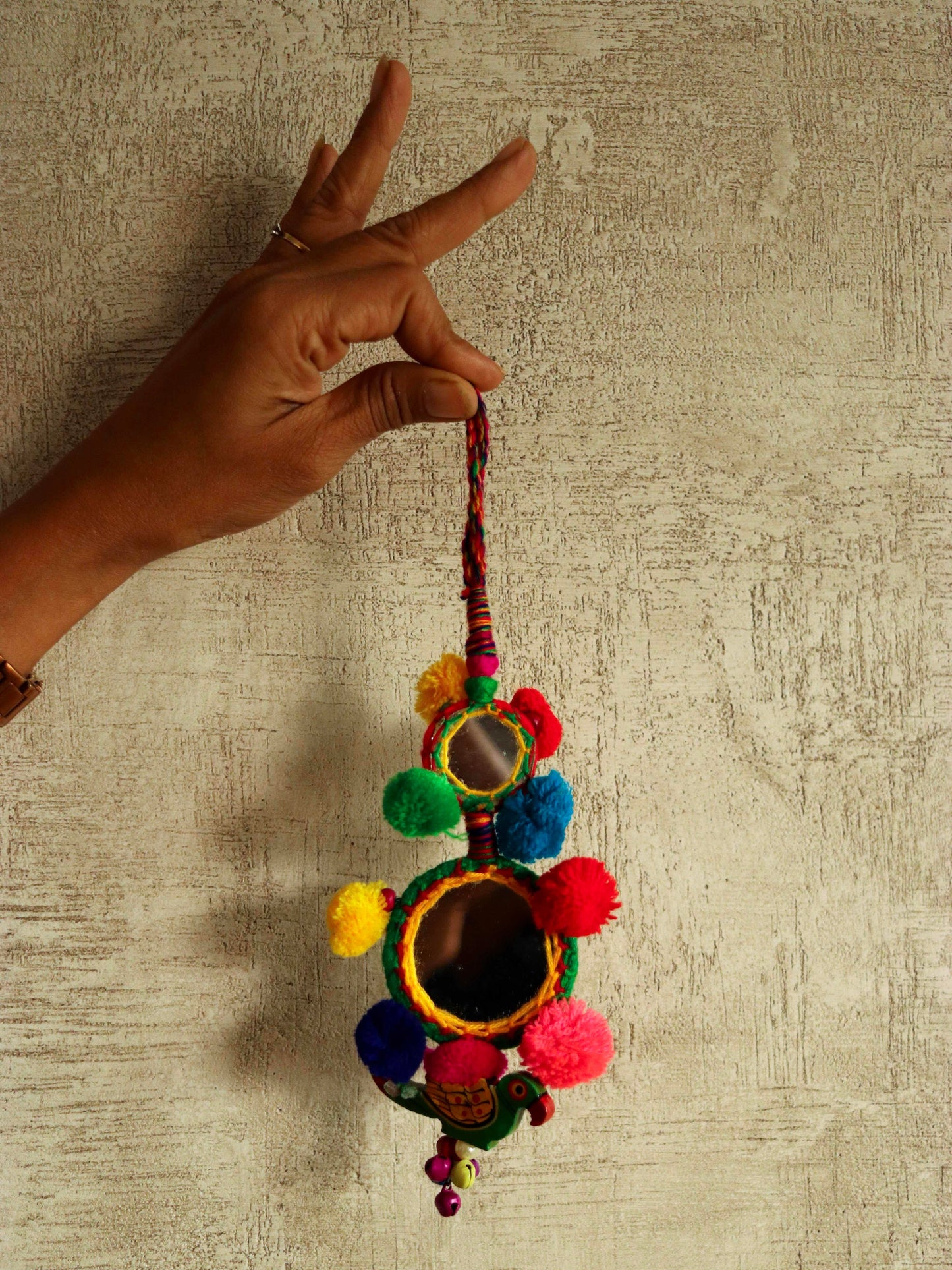 Boho Multicolour Mirror Pompom Tassel,Handmade Latkan, Parrot Bead Mirror Tufted Tassel,Quirky Kitschy Indian Charm,Christmas Tree Supply