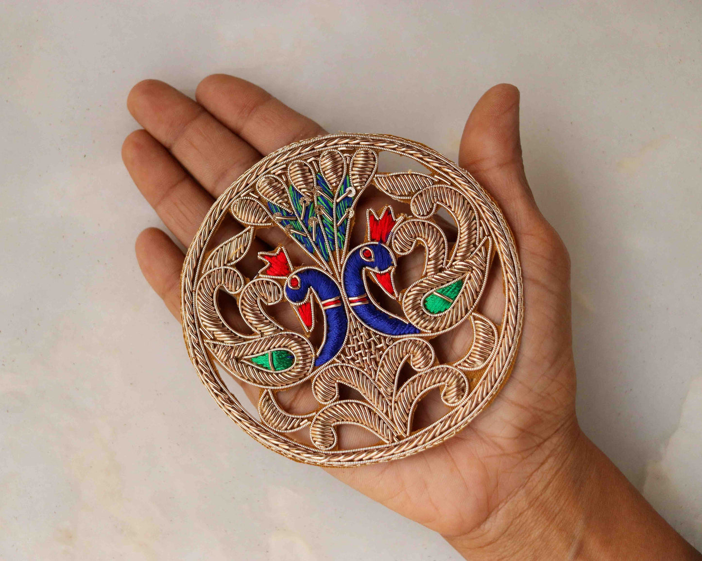 Twin Peacock Embroidered Colourful patch,Handmade Gold cutwork peacock applique, Indian bird patch,Sew on Applique, DIY Patch