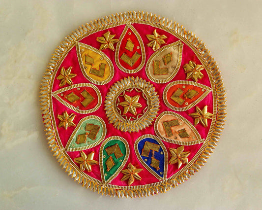 Large Boho Pink Mandala Patch,Embroidered Handmade Round Floral Colourful Gold Gota Applique, Kitschy Multicolour Puja Aarti Thali Decor