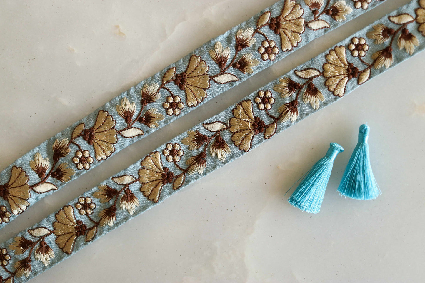 Blue Beige Floral Embroidered Trim,Powder Blue Floral Border,Blue Floral Lace,Indian Fabric Trim,Floral Saree Border,Price/mtr