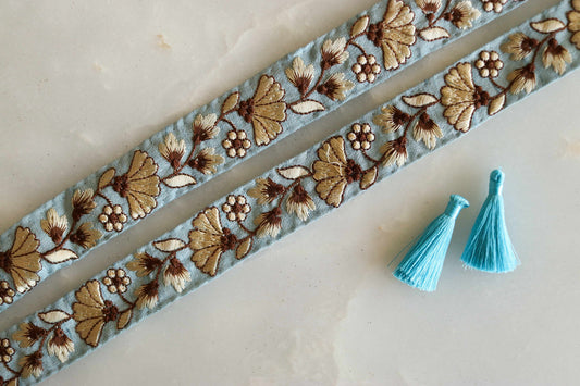 Blue Beige Floral Embroidered Trim,Powder Blue Floral Border,Blue Floral Lace,Indian Fabric Trim,Floral Saree Border,Price/mtr