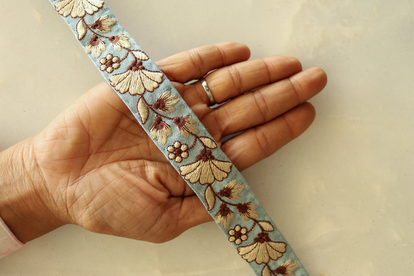 Blue Beige Floral Embroidered Trim,Powder Blue Floral Border,Blue Floral Lace,Indian Fabric Trim,Floral Saree Border,Price/mtr