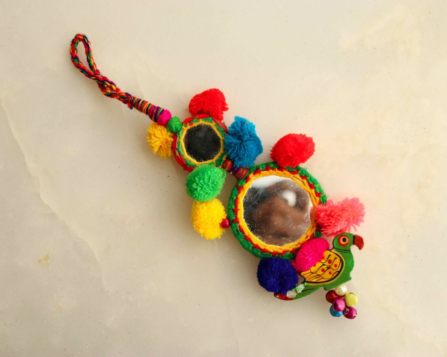 Boho Multicolour Mirror Pompom Tassel,Handmade Latkan, Parrot Bead Mirror Tufted Tassel,Quirky Kitschy Indian Charm,Christmas Tree Supply