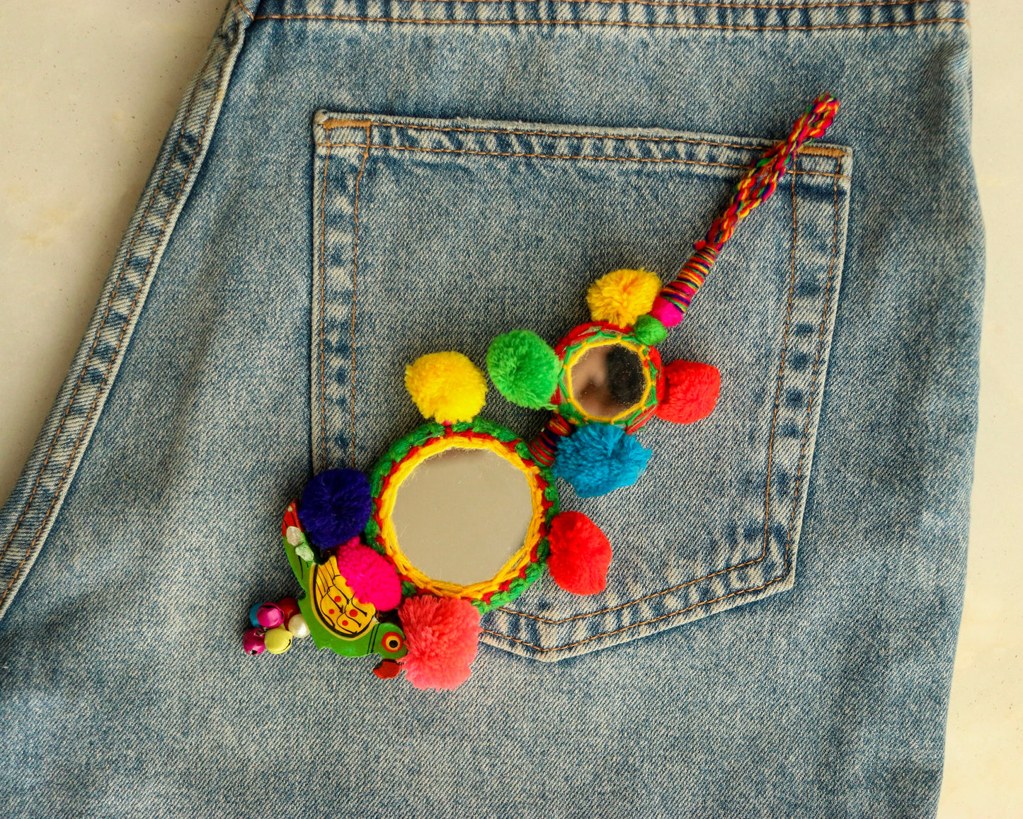 Boho Multicolour Mirror Pompom Tassel,Handmade Latkan, Parrot Bead Mirror Tufted Tassel,Quirky Kitschy Indian Charm,Christmas Tree Supply