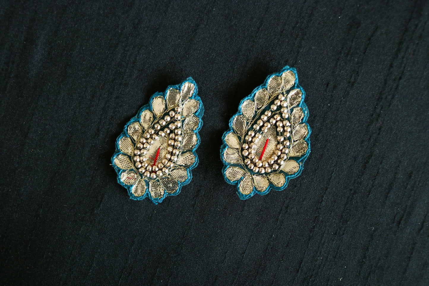 Blue Gold Teardrop Embroidered Patch,Indian Handmade Teardrop Gold Gota Applique, Blue Teardrop patch,DIY Patch, 2 pieces