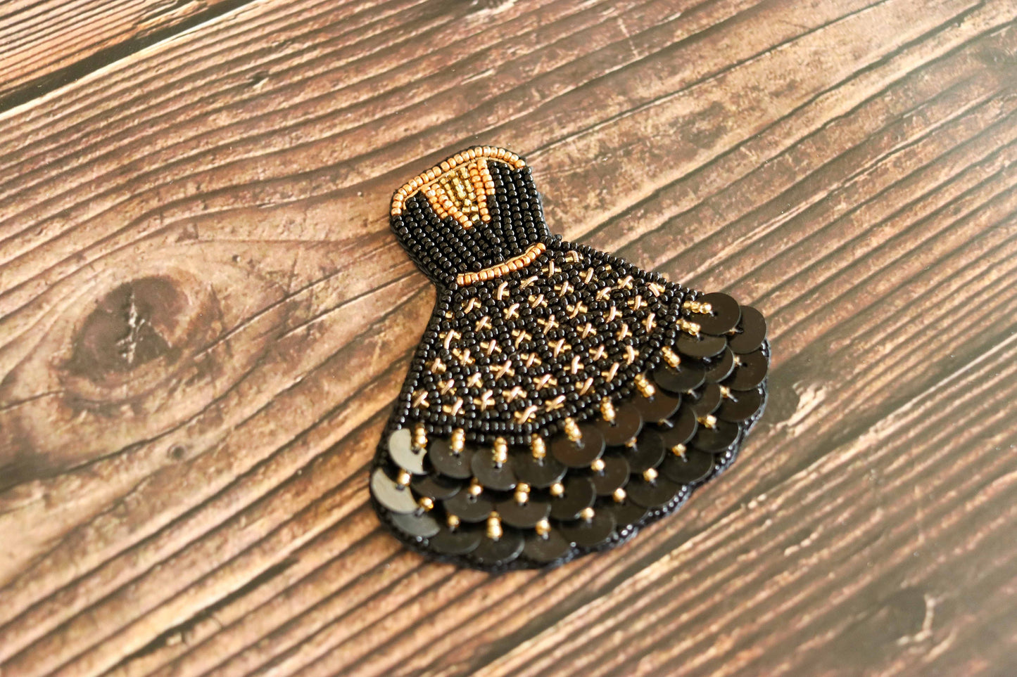 Quirky Woman Dress Beaded Patch,Handmade Frock Applique, Black Gold Dress Patch,Boho Female Dress patch