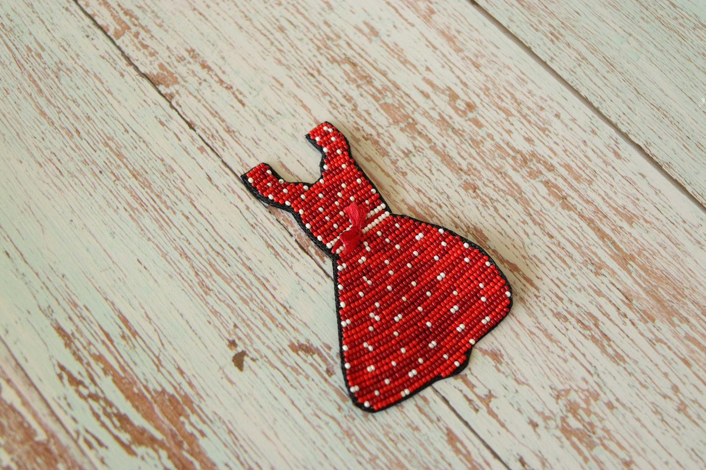 Quirky Woman Dress Beaded Patch,Handmade Frock Applique, Red White Dress Patch,Boho Female Dress patch