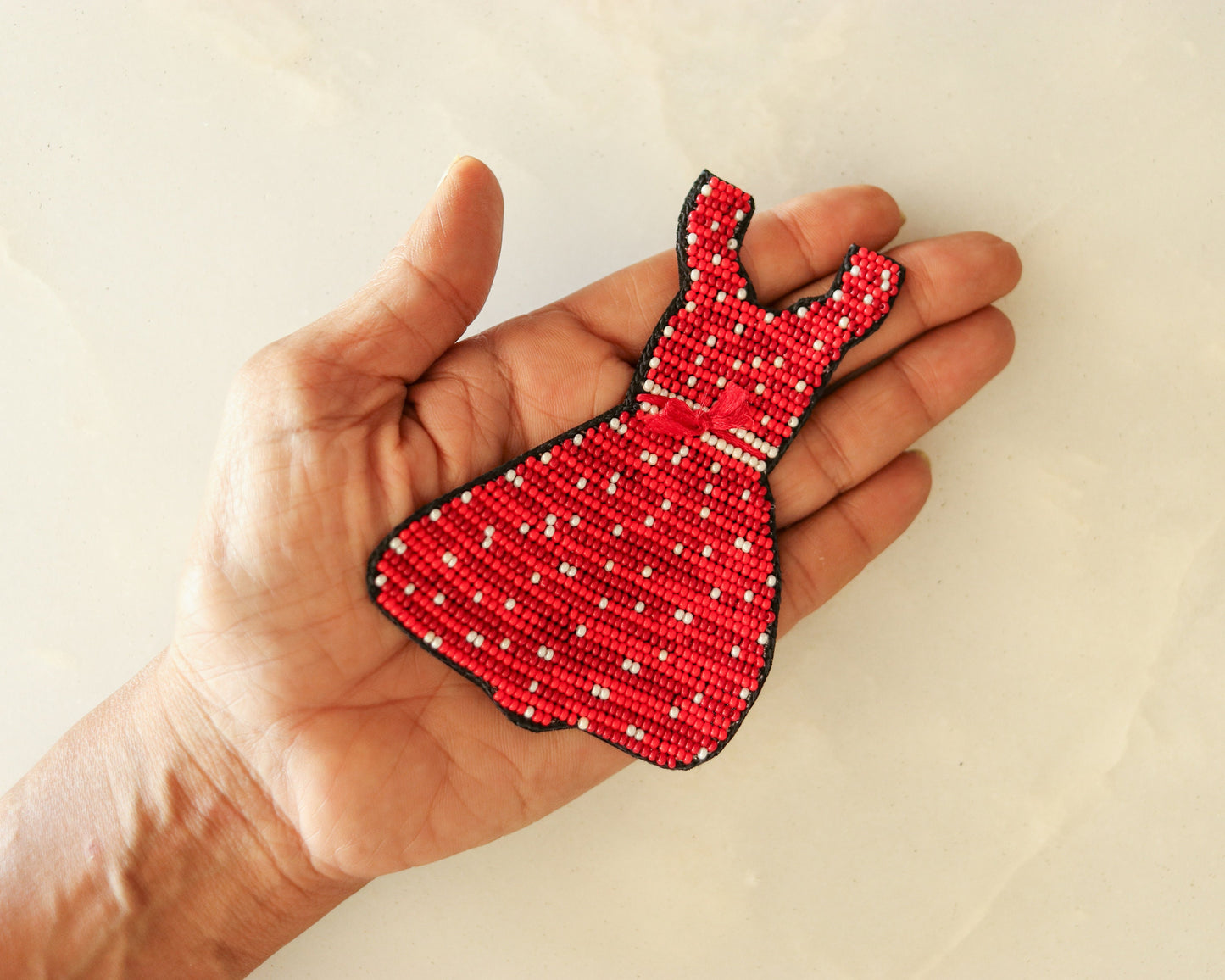 Quirky Woman Dress Beaded Patch,Handmade Frock Applique, Red White Dress Patch,Boho Female Dress patch
