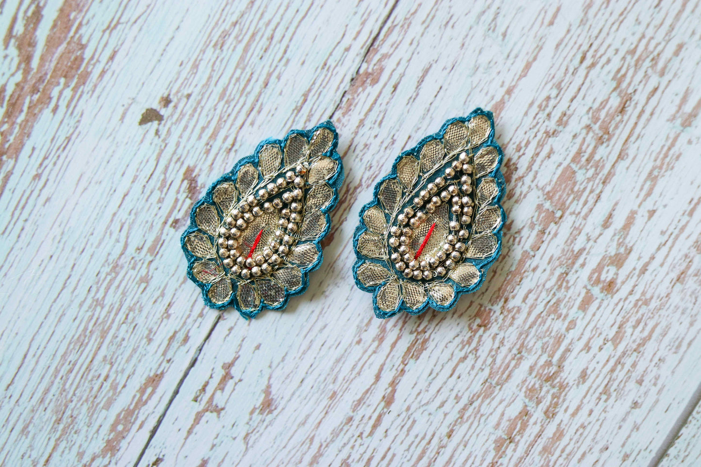 Blue Gold Teardrop Embroidered Patch,Indian Handmade Teardrop Gold Gota Applique, Blue Teardrop patch,DIY Patch, 2 pieces