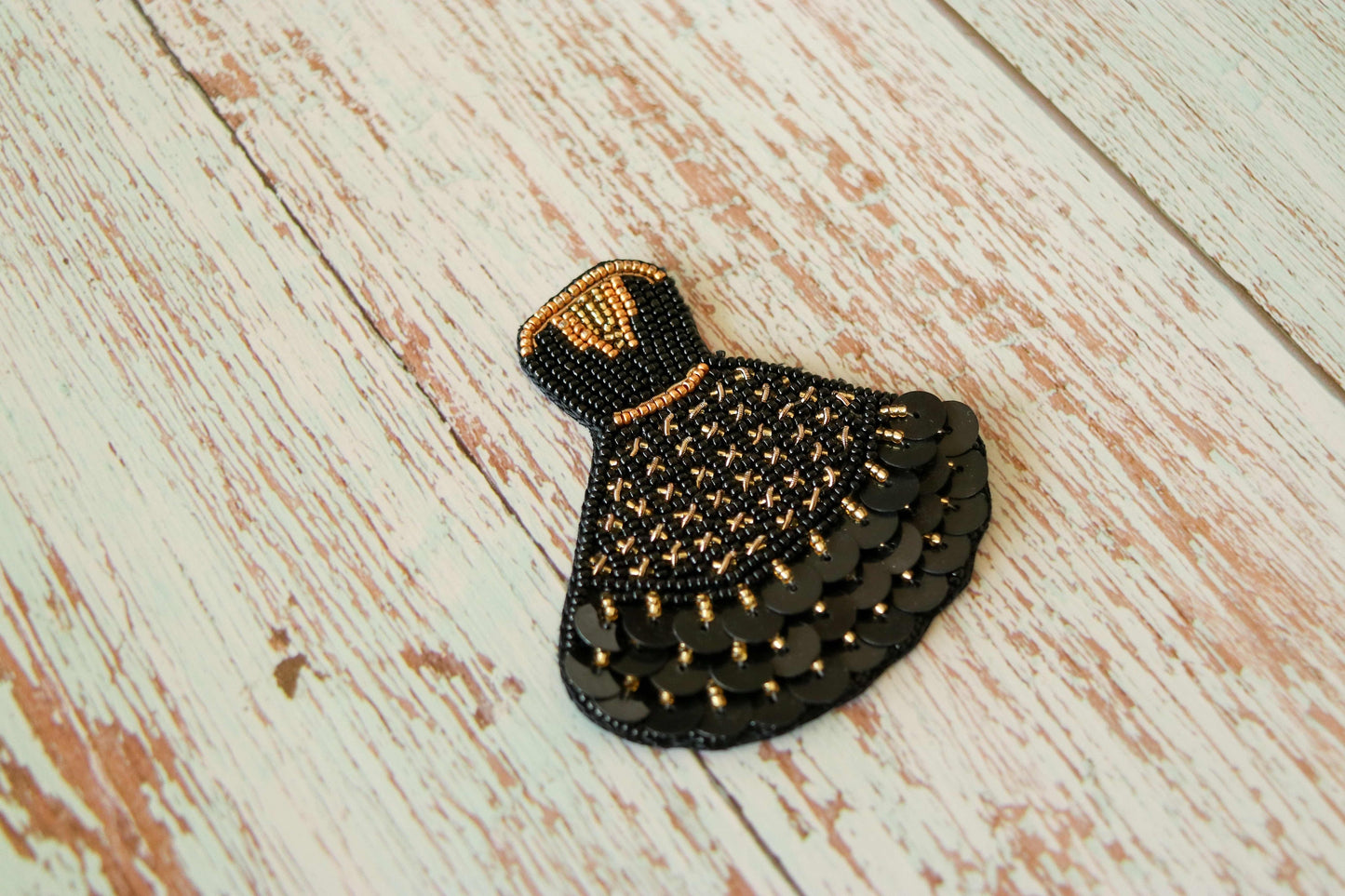 Quirky Woman Dress Beaded Patch,Handmade Frock Applique, Black Gold Dress Patch,Boho Female Dress patch