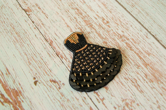 Quirky Woman Dress Beaded Patch,Handmade Frock Applique, Black Gold Dress Patch,Boho Female Dress patch