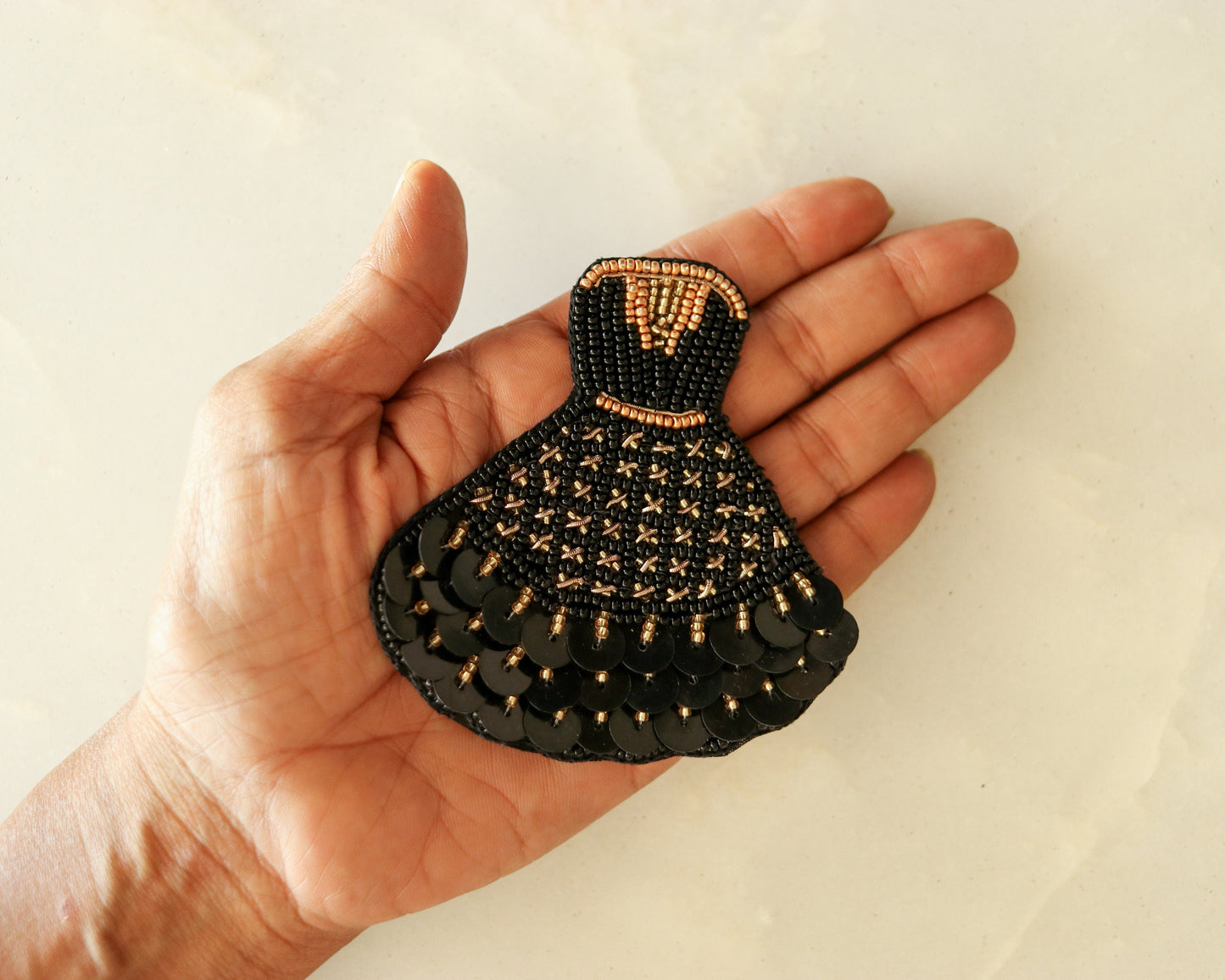 Quirky Woman Dress Beaded Patch,Handmade Frock Applique, Black Gold Dress Patch,Boho Female Dress patch