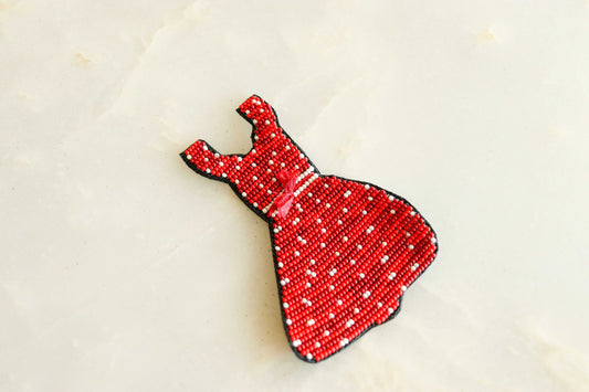 Quirky Woman Dress Beaded Patch,Handmade Frock Applique, Red White Dress Patch,Boho Female Dress patch