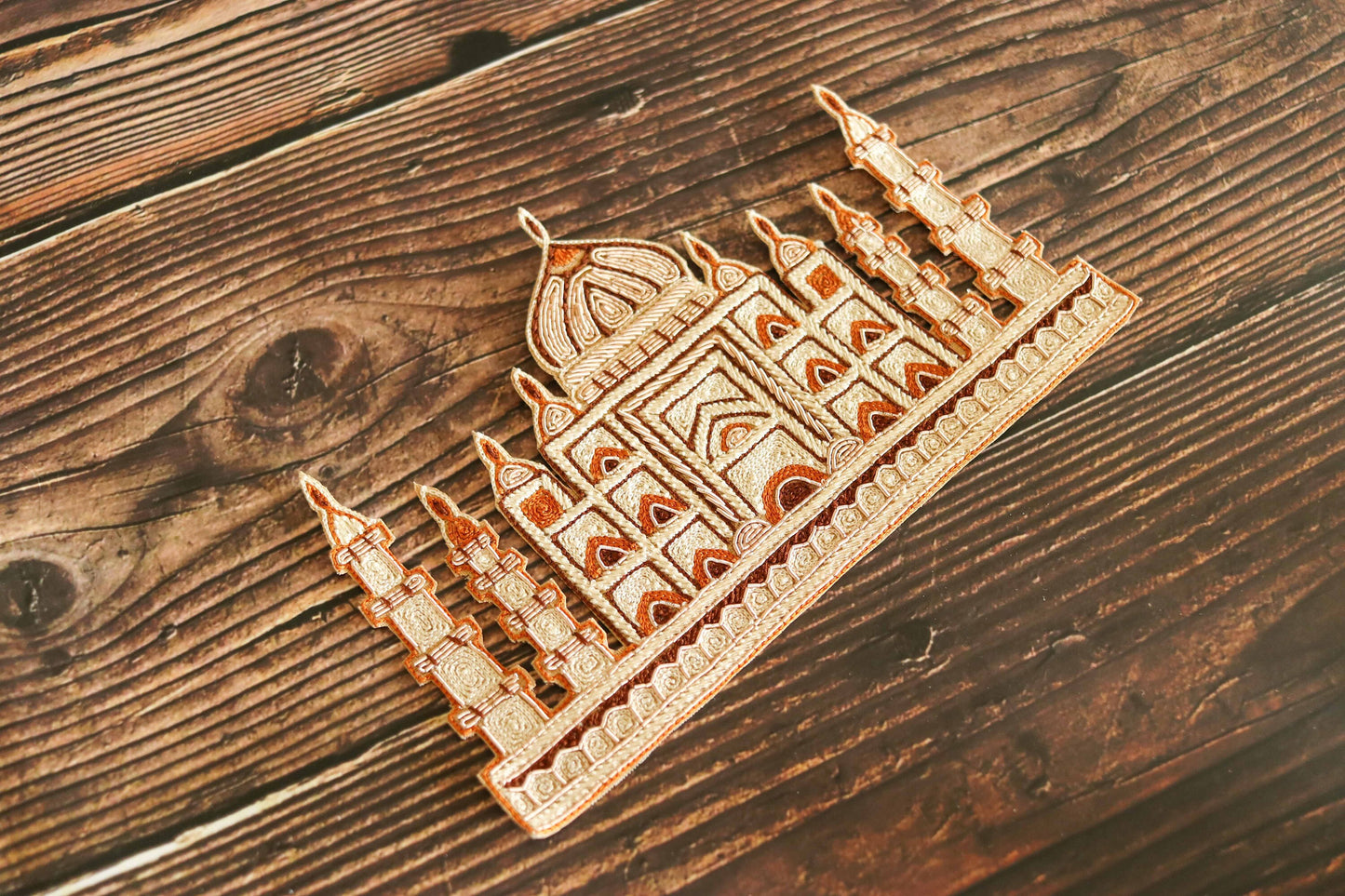 Golden Palace Embroidered Patch,Handmade Taj Mahal Applique, Royal Palace Beige Gold Cutwork Patch,DIY Costume Dress Patch