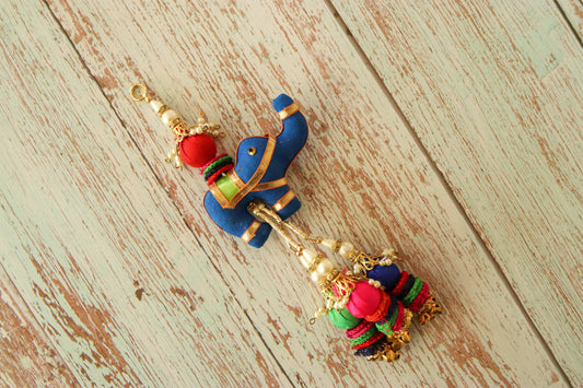 Boho Blue Elephant Latkan Tassel,Handmade Kutchi Latkan, Animal Shape Beaded Pompom Tassel,Quirky Kitschy Indian Charm,Christmas Tree Supply