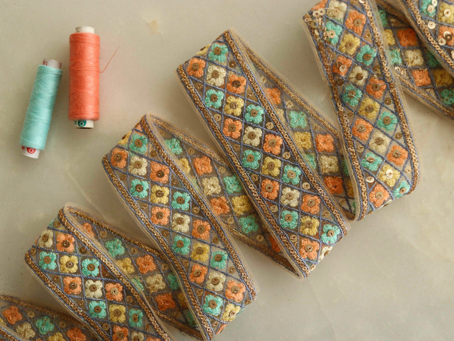 Teal Peach Net Sequin Trim,Floral Embroidered Indian Fabric Border,Green Peach Fuzz Gold Sequins Lace,Floral Saree Border,Price/mtr