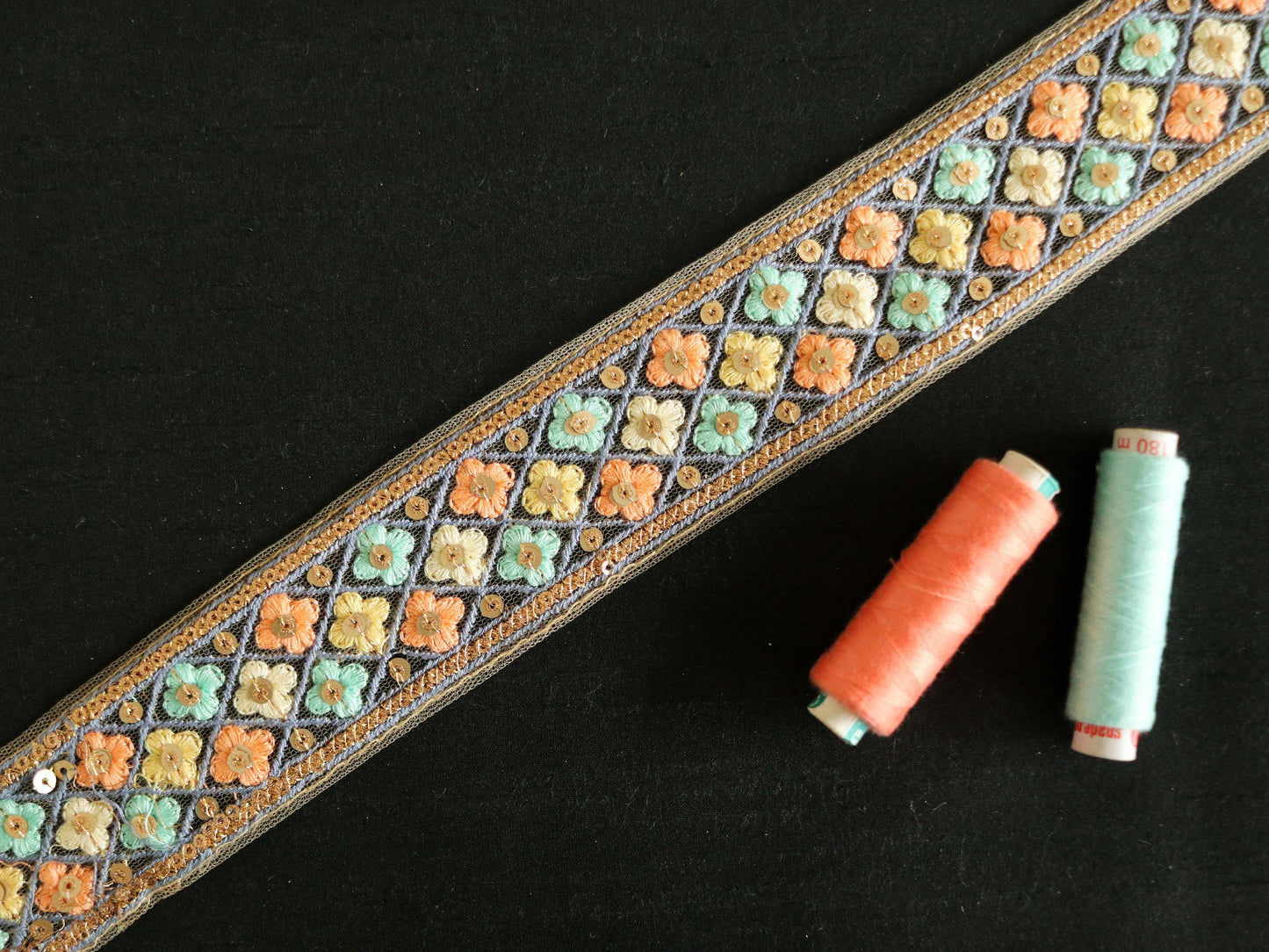 Teal Peach Net Sequin Trim,Floral Embroidered Indian Fabric Border,Green Peach Fuzz Gold Sequins Lace,Floral Saree Border,Price/mtr