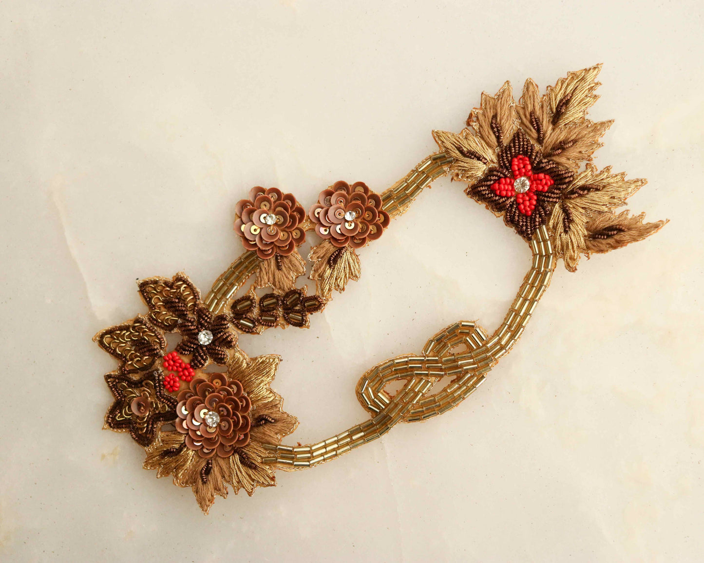 Gold Beaded Cutwork Floral Patch,Handmade Embroidered large Gold flower applique, 3 D White wedding Floral patch, DIY Patch