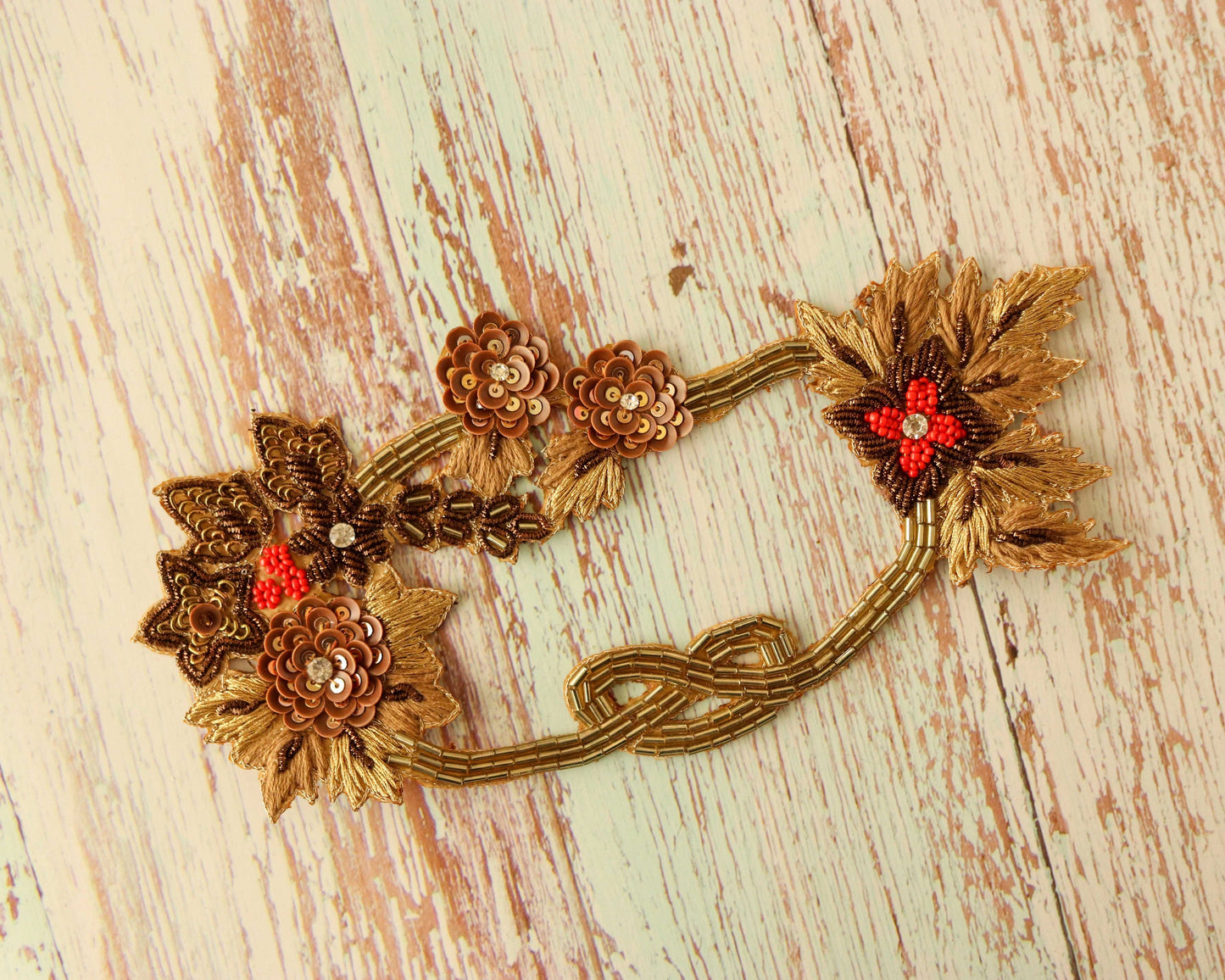 Gold Beaded Cutwork Floral Patch,Handmade Embroidered large Gold flower applique, 3 D White wedding Floral patch, DIY Patch