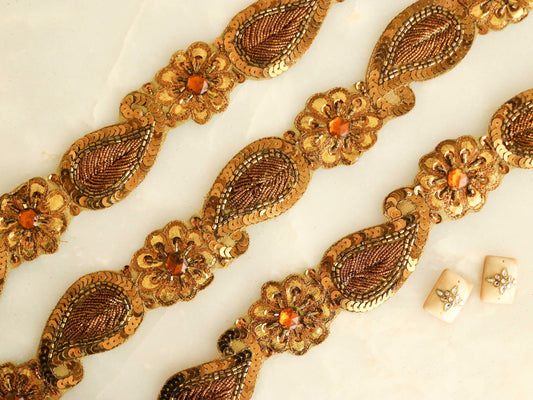 Vintage Gold Paisley Embroidered Trim,Handmade Indian Old Gold Cutwork Sequin Border,Antique Bridal Saree Border,Floral Trim,Price/mtr, CL