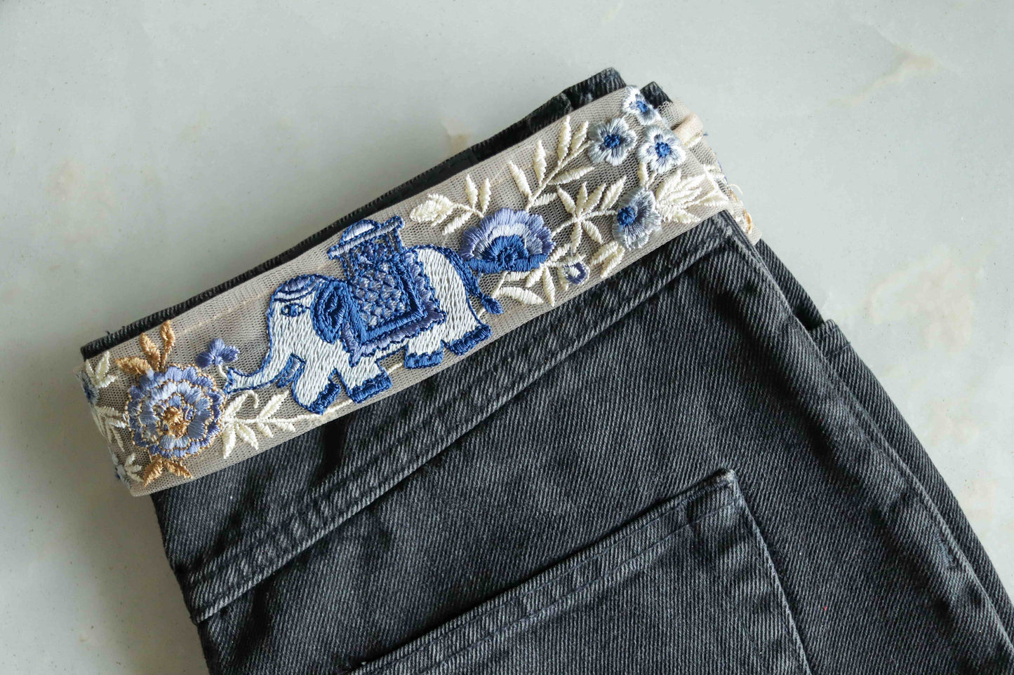 Blue Grey Elephant Embroidered Trim,Grey Elephant Net Border,Royal Indian Designer Lace,Floral Elephant Saree Border,Price/mtr