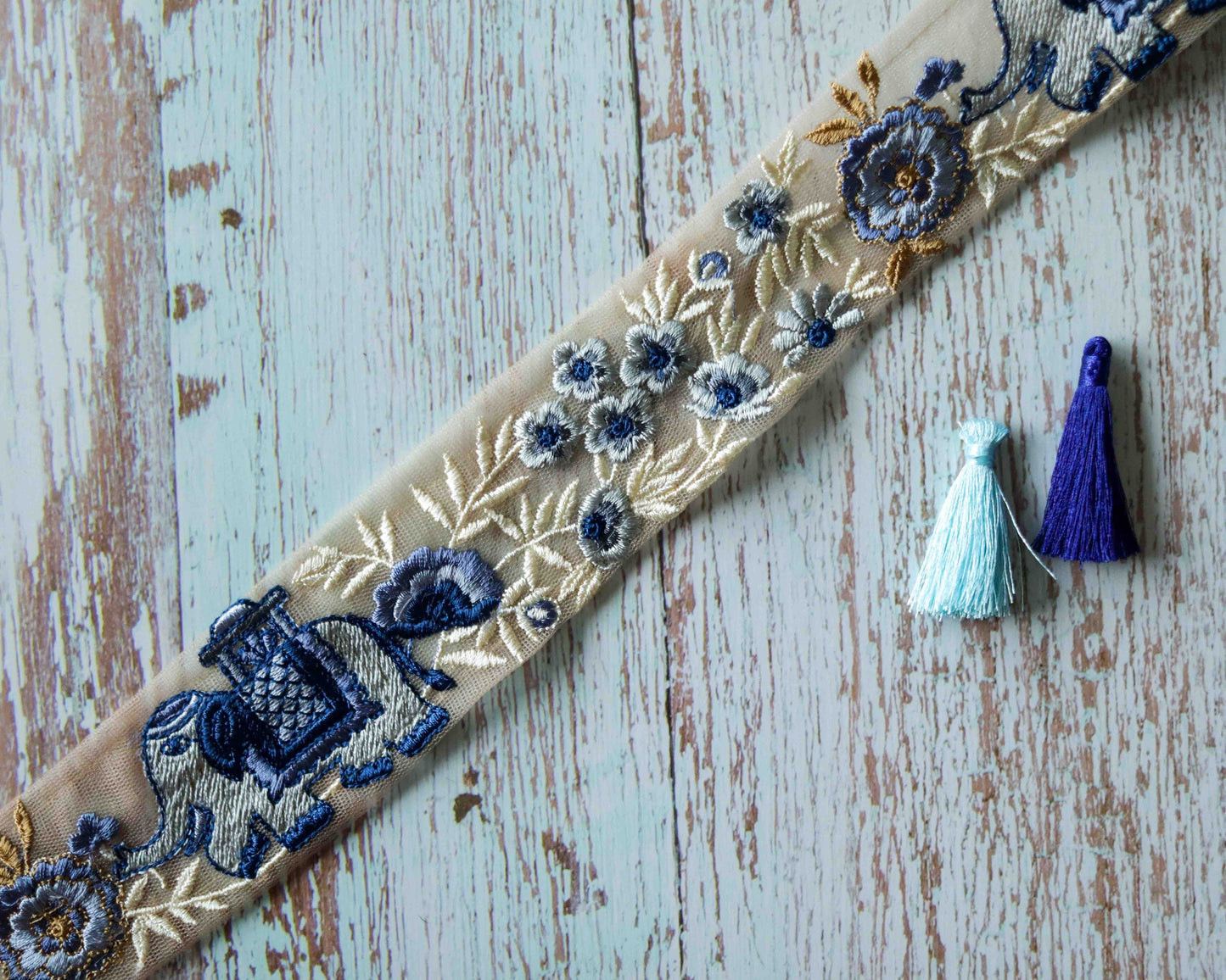 Blue Grey Elephant Embroidered Trim,Grey Elephant Net Border,Royal Indian Designer Lace,Floral Elephant Saree Border,Price/mtr