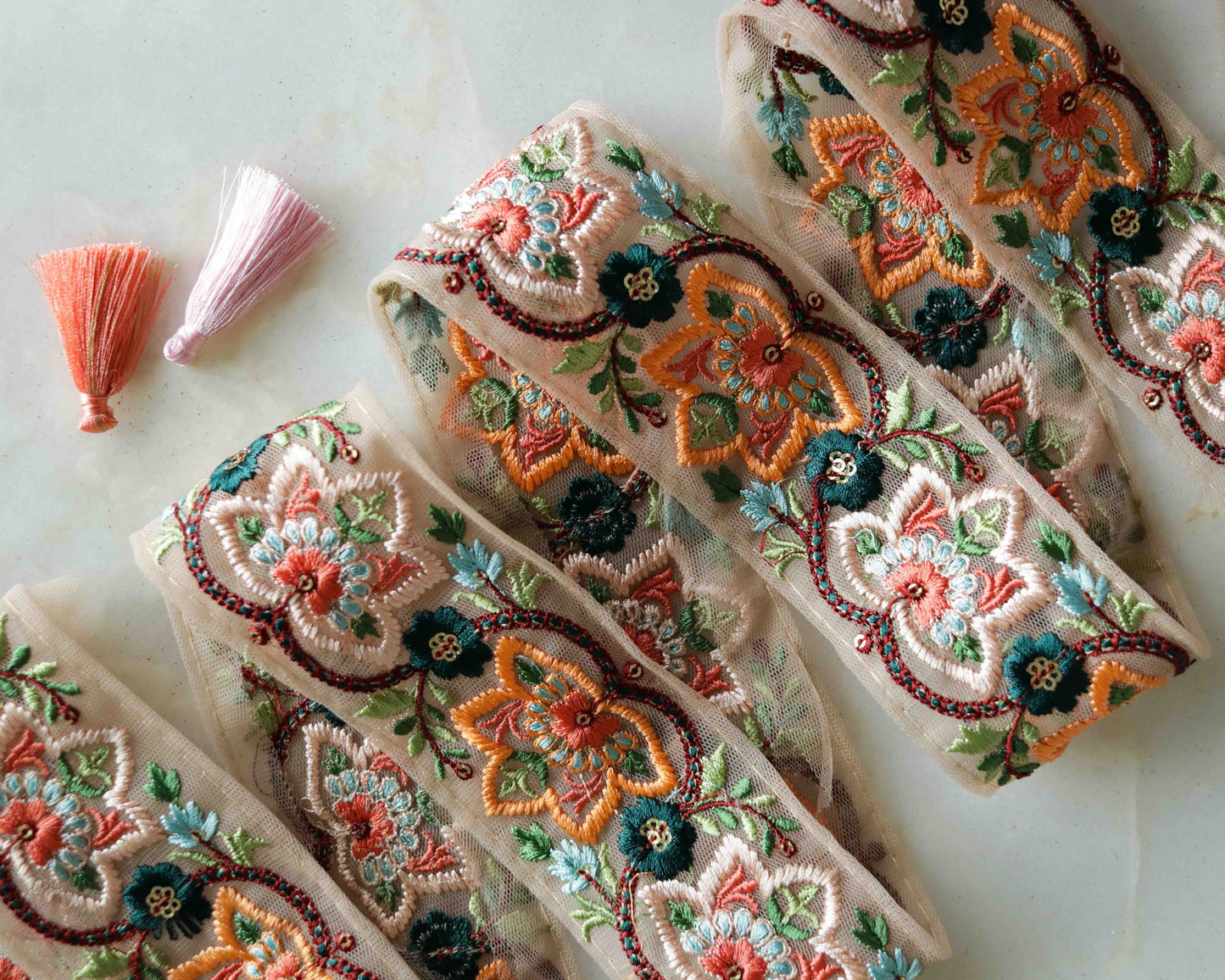 Peach Net Floral Embroidered Trim,Sequin Net Floral Border,Peach Fuzz White Floral Net Lace,Indian Fabric Trim,Floral Saree Border,Price/mtr