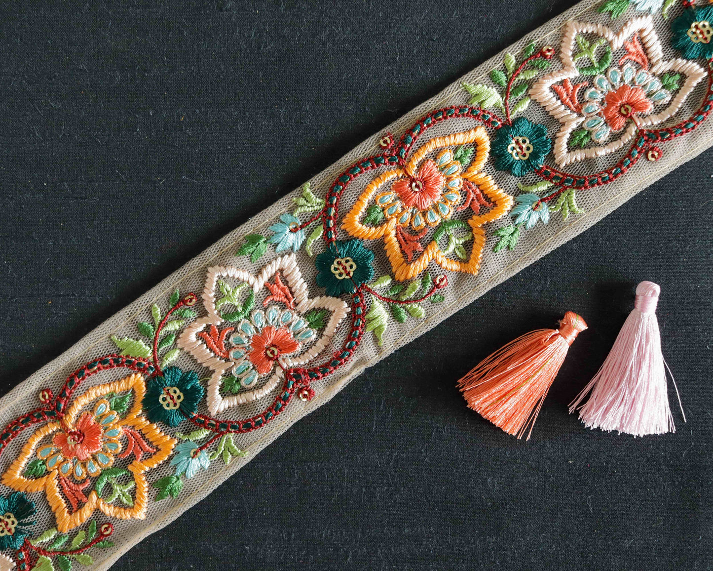 Peach Net Floral Embroidered Trim,Sequin Net Floral Border,Peach Fuzz White Floral Net Lace,Indian Fabric Trim,Floral Saree Border,Price/mtr