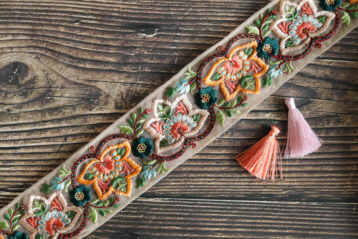 Peach Net Floral Embroidered Trim,Sequin Net Floral Border,Peach Fuzz White Floral Net Lace,Indian Fabric Trim,Floral Saree Border,Price/mtr