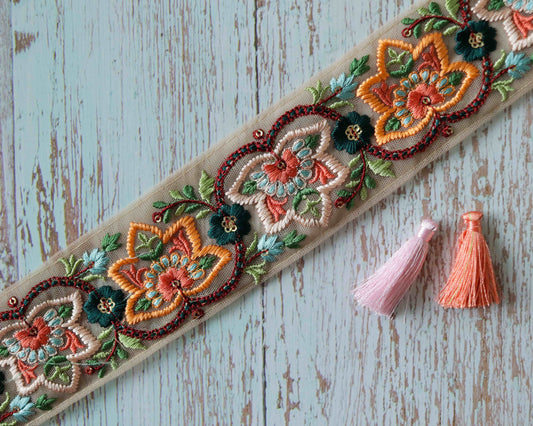 Peach Net Floral Embroidered Trim,Sequin Net Floral Border,Peach Fuzz White Floral Net Lace,Indian Fabric Trim,Floral Saree Border,Price/mtr