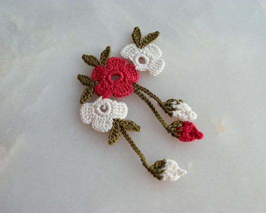 Red White Crochet Floral patch,Embroidered Floral bouquet applique, Colourful fabric patch,Quirky Boho DIY Floral Patch