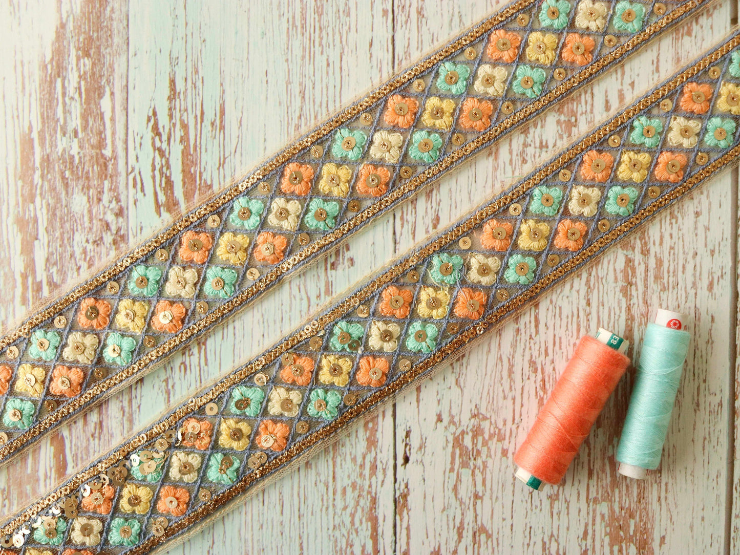 Teal Peach Net Sequin Trim,Floral Embroidered Indian Fabric Border,Green Peach Fuzz Gold Sequins Lace,Floral Saree Border,Price/mtr