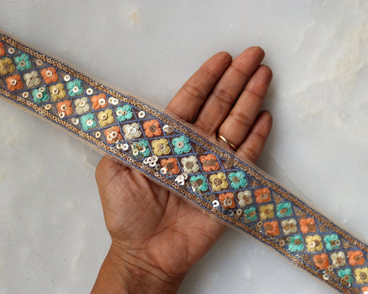 Teal Peach Net Sequin Trim,Floral Embroidered Indian Fabric Border,Green Peach Fuzz Gold Sequins Lace,Floral Saree Border,Price/mtr
