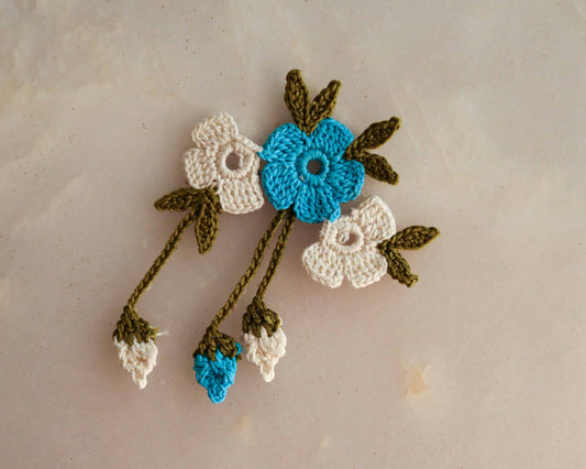 Blue White Crochet Floral patch,Embroidered Floral bouquet applique, Colourful fabric patch,Quirky Boho DIY Floral Patch