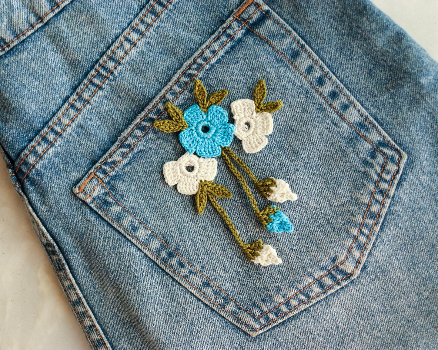 Blue White Crochet Floral patch,Embroidered Floral bouquet applique, Colourful fabric patch,Quirky Boho DIY Floral Patch