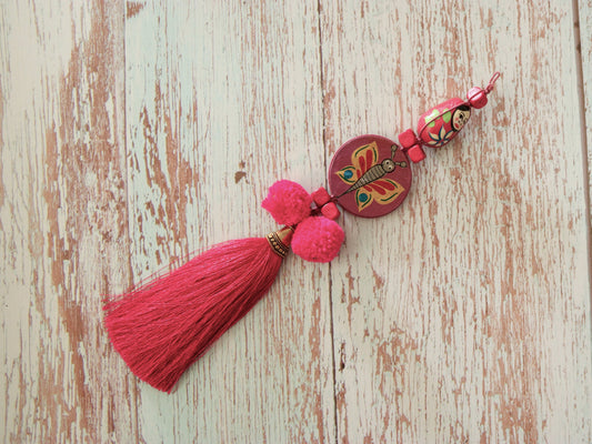 Boho Pink Matryoshka Butterfly Tassel,Handmade Latkan, Pink Pompom Tassel,Quirky Kitschy Indian Tribal Charm,Christmas Tree Supply