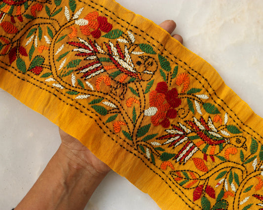 Yellow Bird Embroidered Calcutta Trim,Handmade Broad Vintage Calcutta Peacock Border,Bridal Designer Lace,Floral Saree Border,Price/mtr