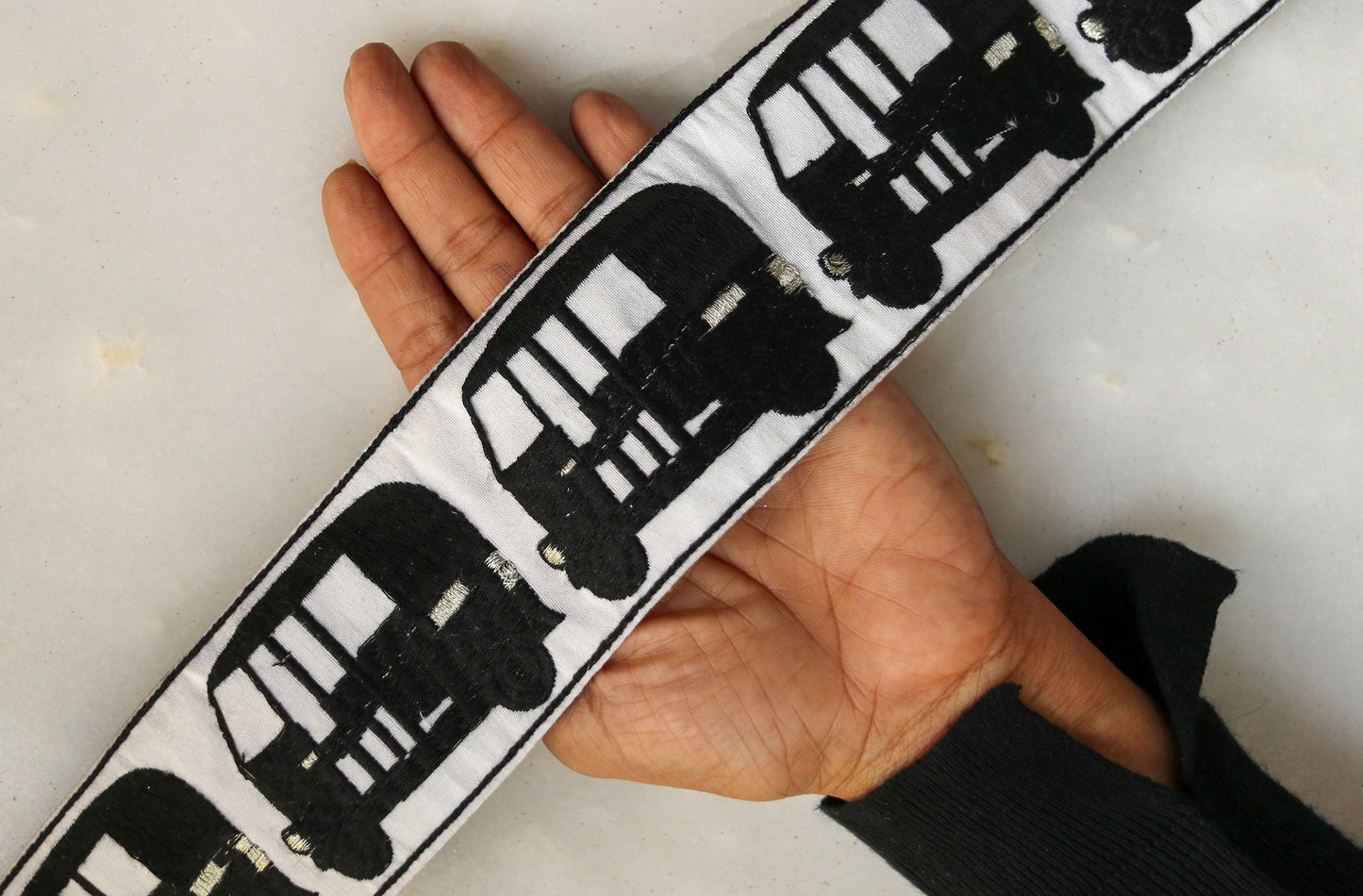 Black White Tuktuk Embroidered Trim,Quirky Auto Border,Rickshaw Embroidered Lace,Boho Vehicle Trim,Indian Quirky Saree Border,Price/mtr
