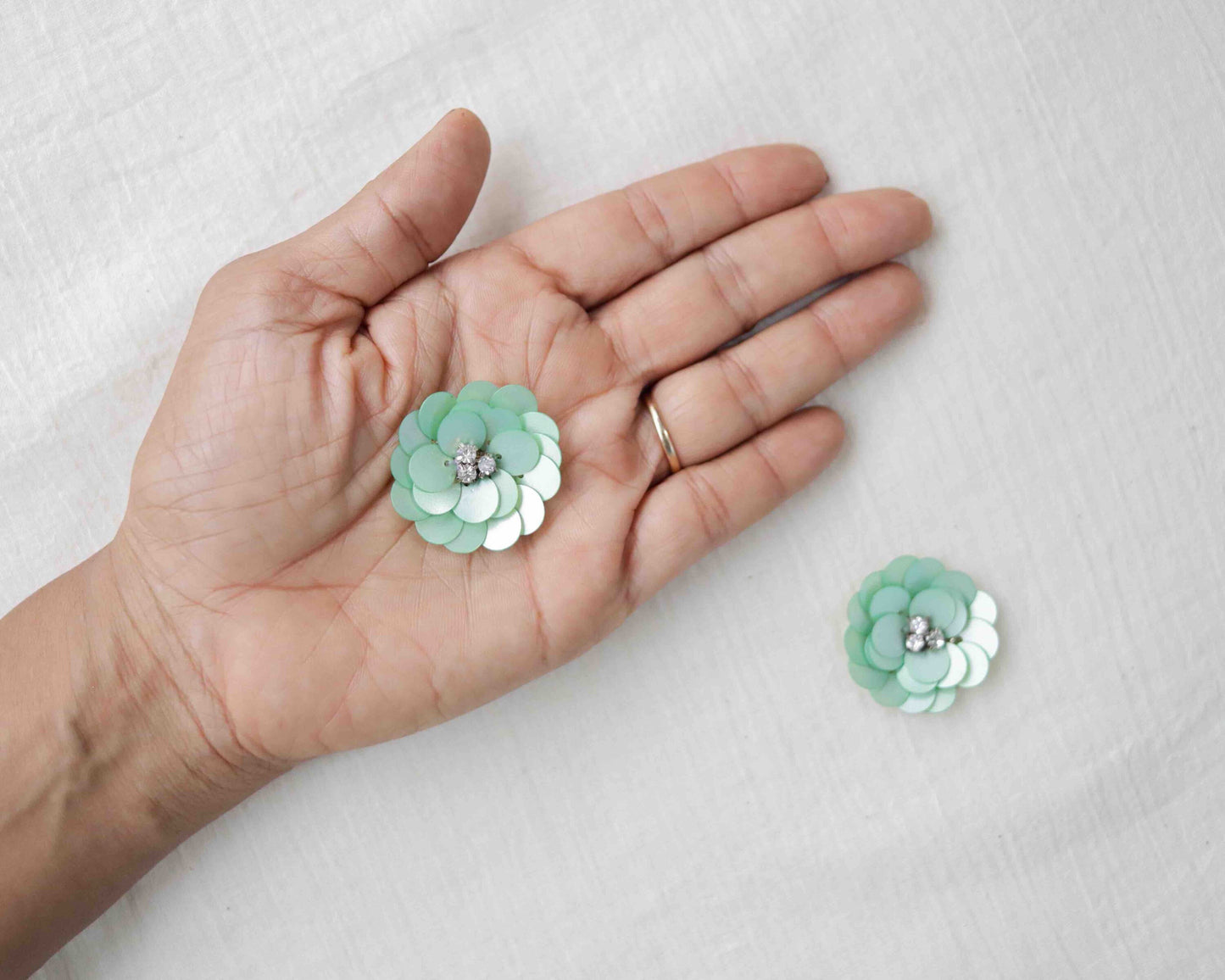 Mint Sequin Floral Buttons,Handmade Mint Green Rose Buttons,Floral Charms,Jacket Tote Bag Sherwani Kurta Buttons,2 pcs