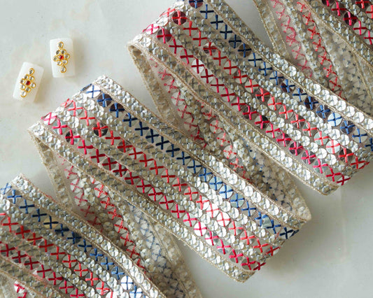 Blue Pink Mirror Sequin Trim,Indian Net Embroidered Border,Delicate White Pink Mirror Sequin Lace,Mirror Saree Border,Price/mtr