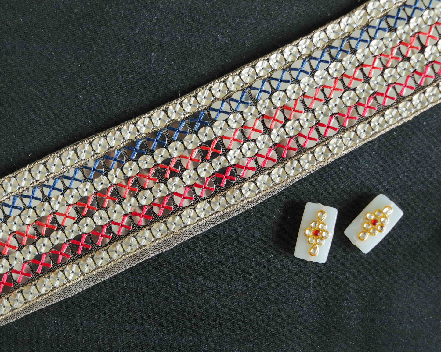 Blue Pink Mirror Sequin Trim,Indian Net Embroidered Border,Delicate White Pink Mirror Sequin Lace,Mirror Saree Border,Price/mtr