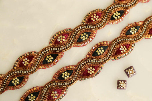 Vintage Maroon Gold Indian Trim,Handmade Embroidered Maroon Black Velvet Sequin Border,Cutwork Antique Bridal Saree Border,Price/mtr