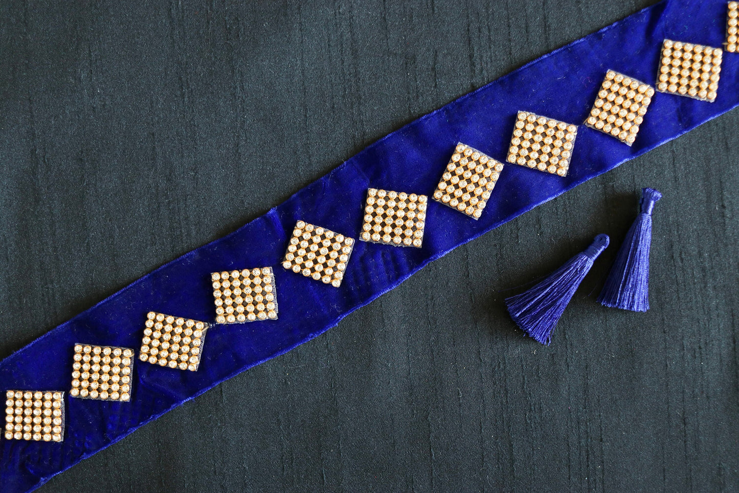 Blue Velvet Diamante Checks Trim,Deep Blue Diamante Border,Indian Fabric Blue Velvet Square Stone Patch Lace,Blue Saree Border,Price/mtr