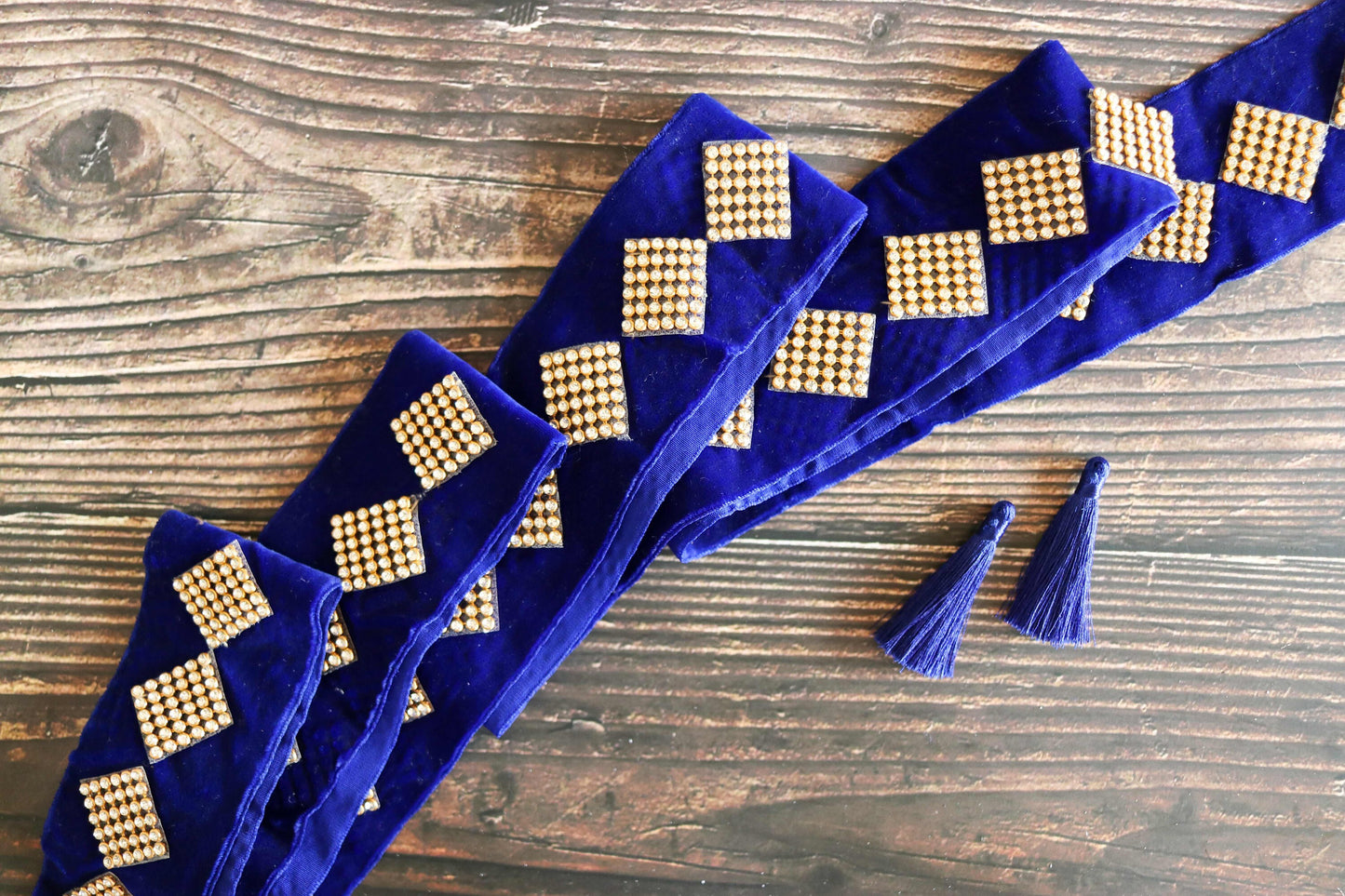 Blue Velvet Diamante Checks Trim,Deep Blue Diamante Border,Indian Fabric Blue Velvet Square Stone Patch Lace,Blue Saree Border,Price/mtr
